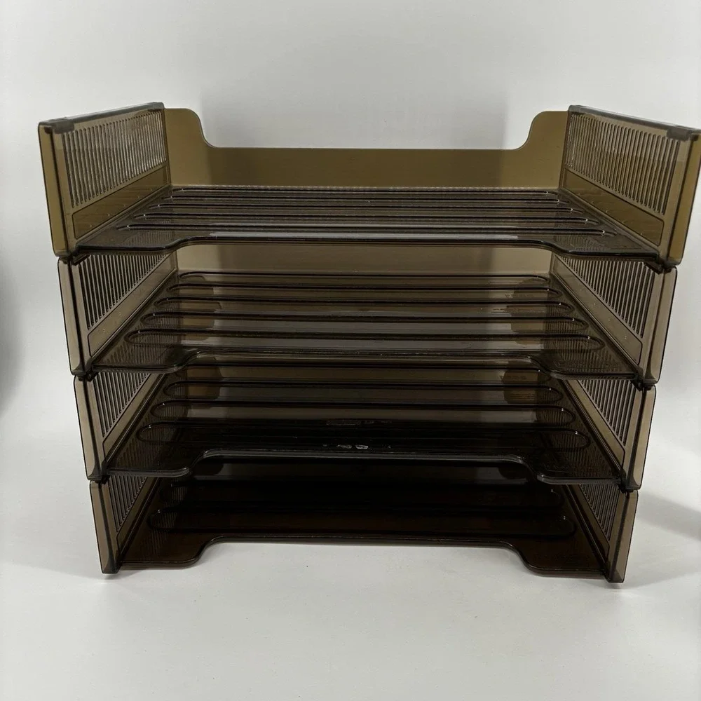 Vintage Rubbermaid Stackable Letter Trays Set of 4 Smoke Brown Plastic Office